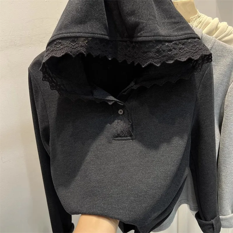 2026 New Autumn Winter Women Hooded Sweatshirt Delicate Lace Ruffle Splice Design Long Sleeve Hoodie Ladies Fashion Undershirt
