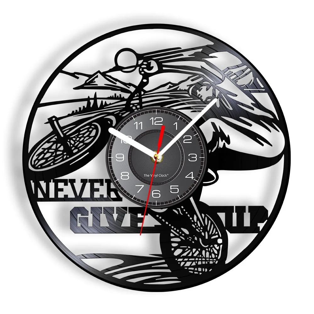 CYCLIST Vinyl Record Wall Clock BICYCLE Home Decor Inspirational Quote Never Give Up Clock Sports Handmade Gift For Riding Fans