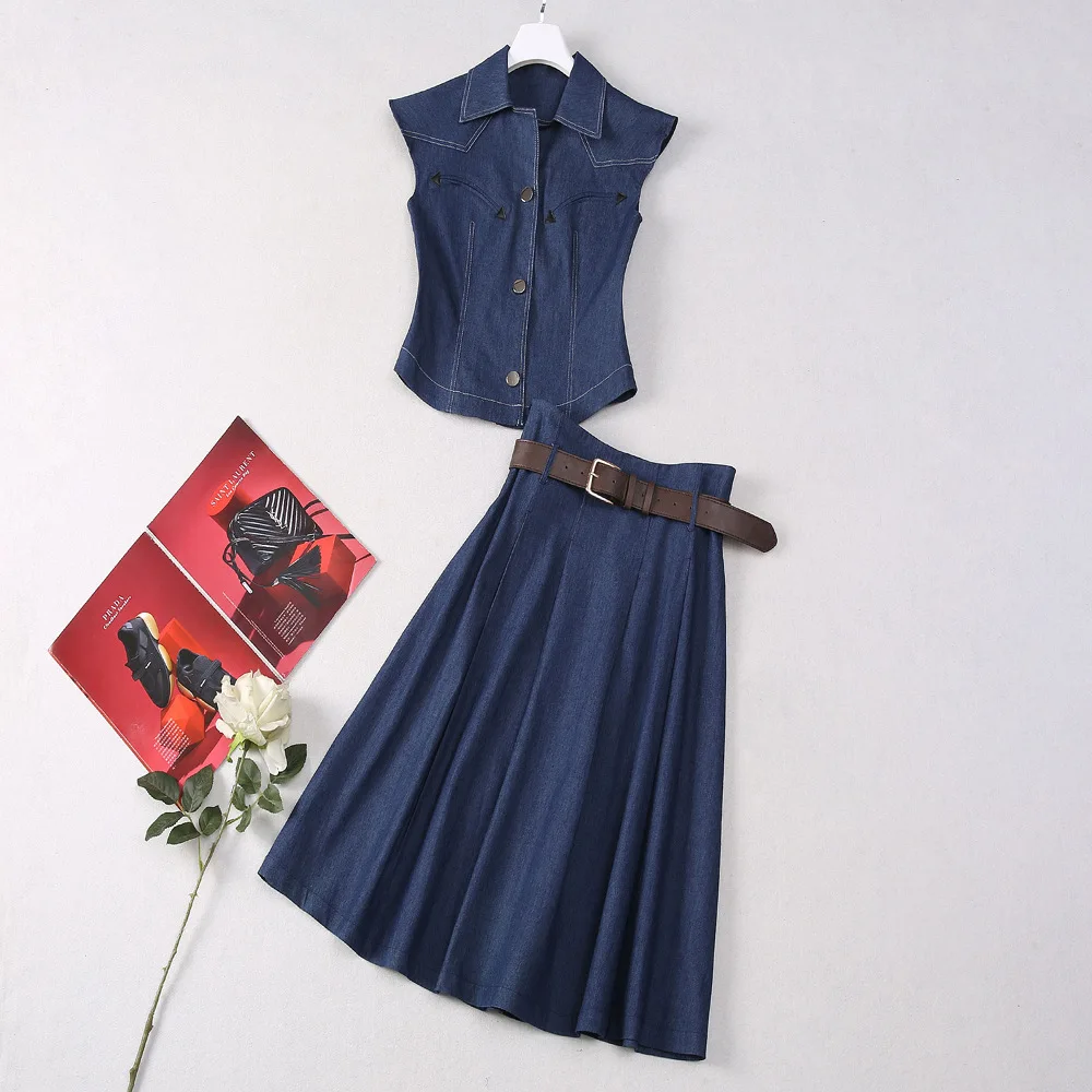 ZJYT Summer Denim Blouse and Skirt Suit 2 Piece Sets Women Outfit Blue New In Matching Sets Casual Dress Set Conjuntos Femininos