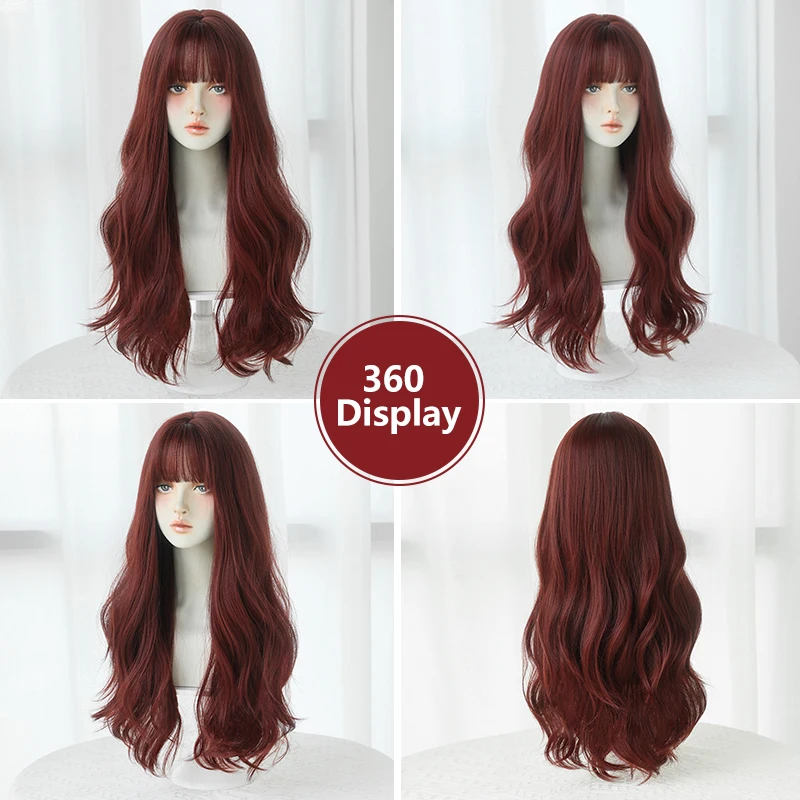 7JHH WIGS Lolita Wig Loose Body Wavy Wine Red Wig for Women Daily Party High Density Synthetic Wave Hair Wigs with Neat Bangs