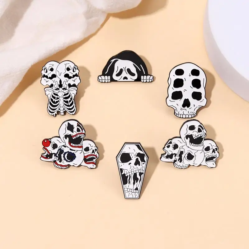 Death Skull Enamel Pins Custom Black Skeleton Brooches Lapel Badges Gothic Punk Hip-hop Jewelry Gift for Friends