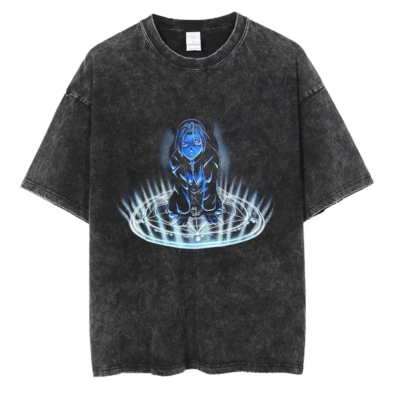 Camiseta con estampado Mustang Roy de Anime Fullmetal Alchemist para hombre y mujer, camisetas gráficas holgadas de verano, camiseta de algodón lavado estilo Harajuku HipHop