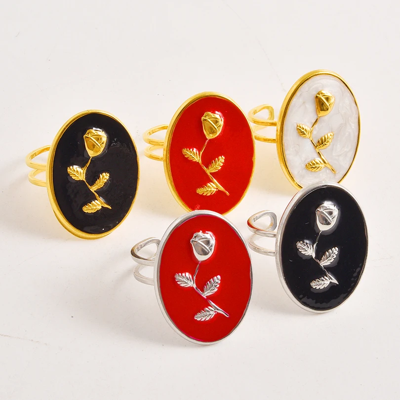 

1/5pcs High Quality Stainless Steel Oval Chunky Vintage Rose Enamel Rings For Women Knuckle No Fade Accessories Exquisite Gift