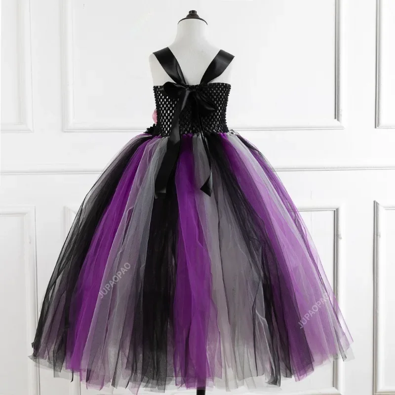 Girls Black Evil Halloween Cosplay Dresses Girls Witch Deluxe Black Glam Tutu Dresses Kids Ball Gown Children\'s Robe Clothing