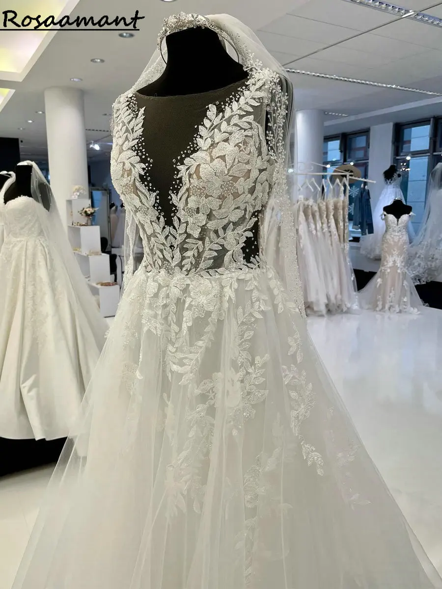 Real Image Manga Longa Sem Encosto Cristal Vestidos De Casamento A Linha Ilusão Apliques De Renda Vestidos De Noiva