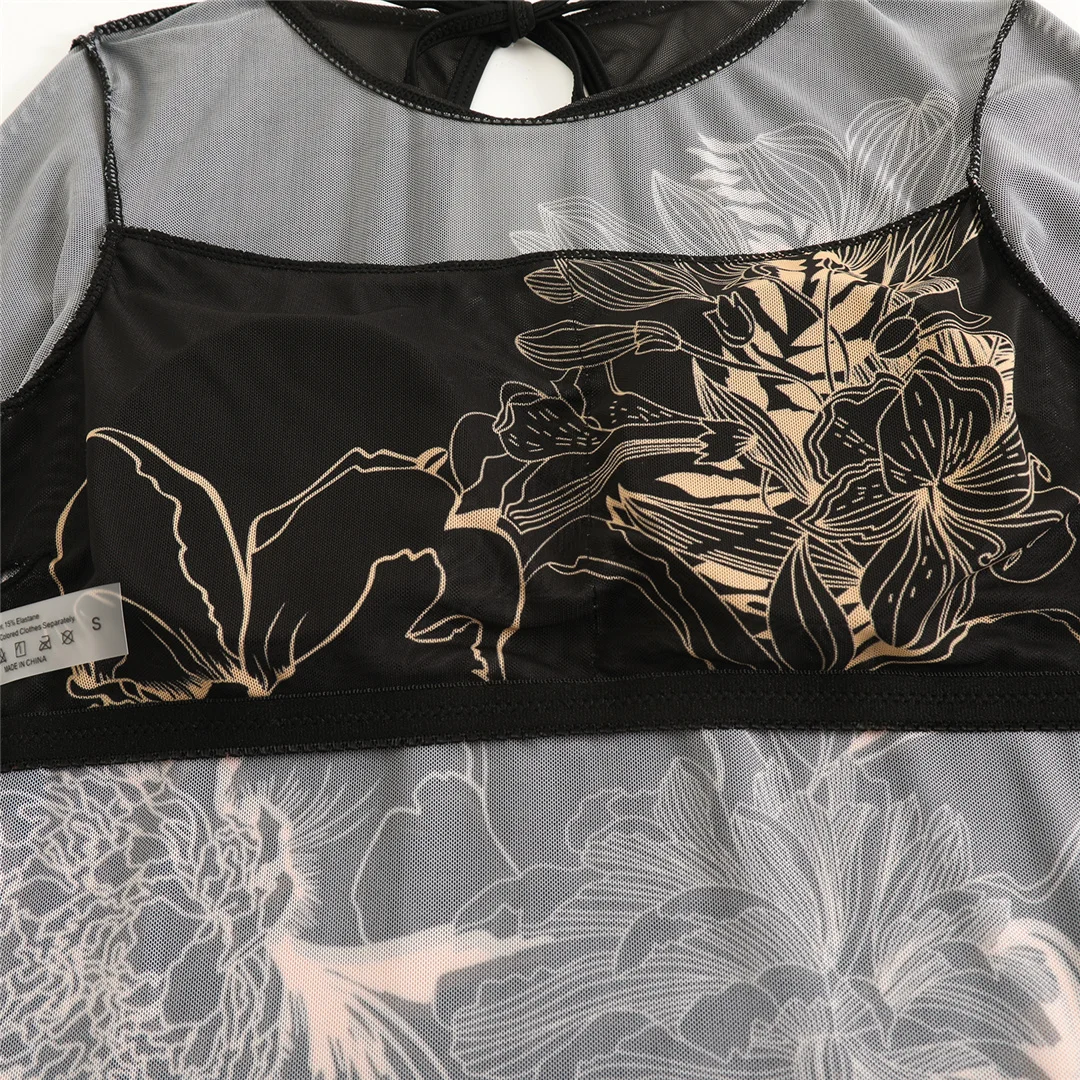 S - XXL, bedruckter, langärmeliger Badeanzug mit Sarong, einteiliger Badeanzug für Damen, Damen-Bademode, Blumenmuster, gepolsterter Badeanzug, Badebekleidung, Modell V7181. – Detail 20