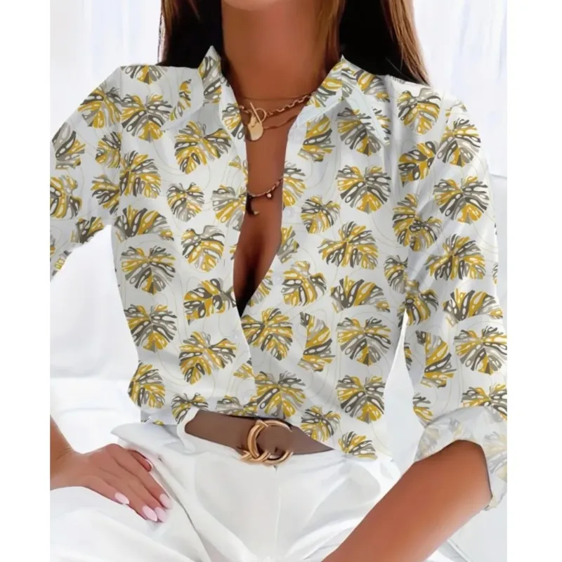 New women's long sleeved lapel button up shirt with personalized street commuting and office print elegant and fresh women shirt