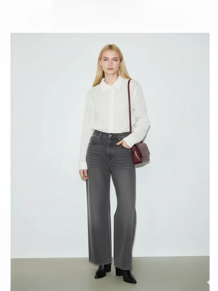 

Elegant White Shirt Soft Knitted Lace Collar Texture Pure Color Women's Fashion Commute Style Long Sleeve Button up Shirt