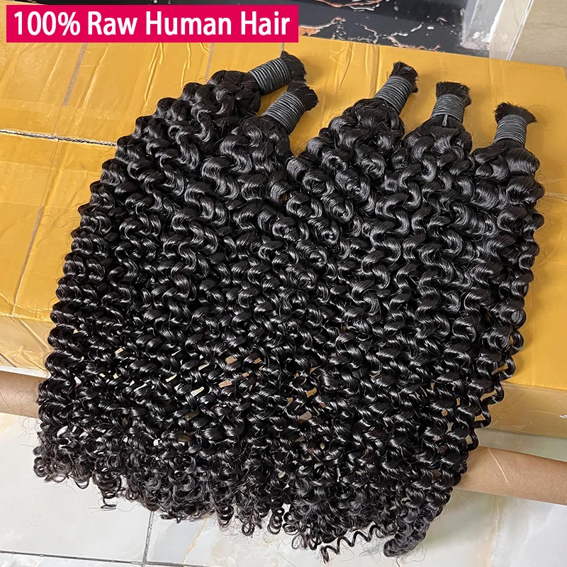 

Необработанные глубокие вьющиеся 100% человеческие волосы для плетения натурального черного цвета # 1B Необработанные косички в стиле бохо без утка 15AHuman Hair Bulk Extensions