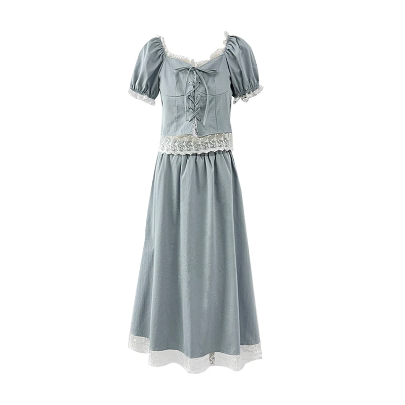 Set da donna patchwork in pizzo dolce stile francese T-shirt con lacci con colletto quadrato chic Top + gonne in vita elastiche Abiti estivi femminili