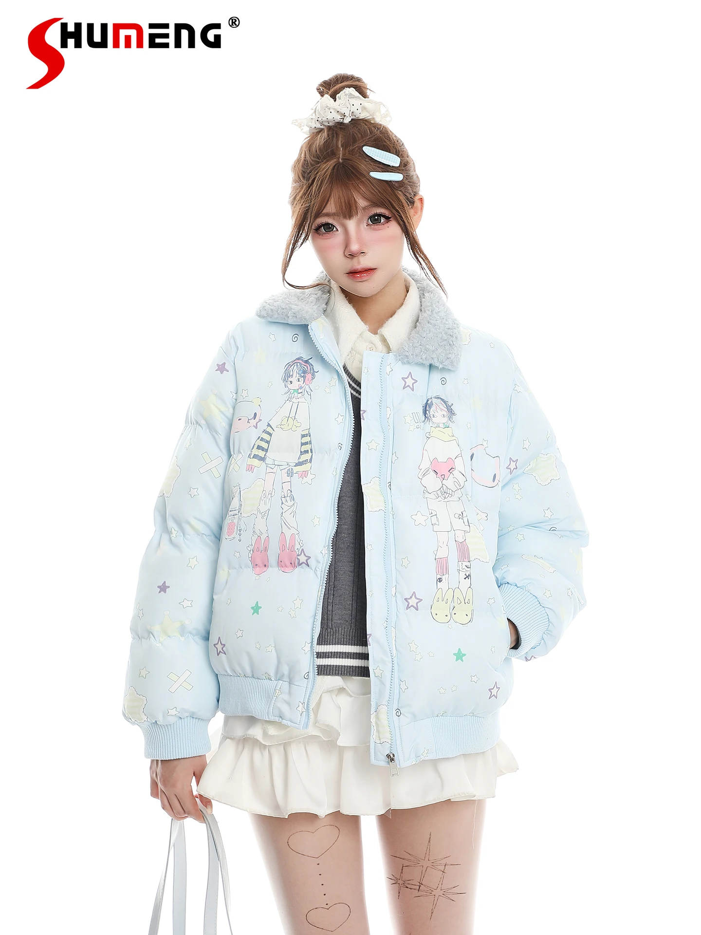 

Sweet Cool Girl Cute Cartoon Print plush Collar Cotton Coats Loose Versatile Casual Thick Warm Puffer Jacket Women Winter Parkas