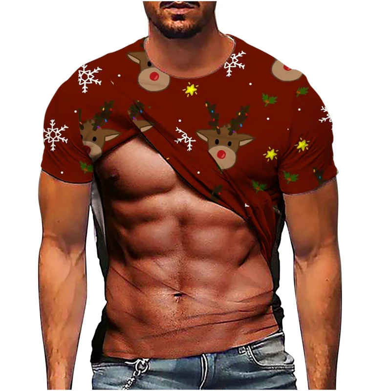 Funny 3d Print Ugly Christmas T Shirt Men's Round Neck Short Sleeve Xmas Fake Abs Graphic Tee Shirt Ugly Christmas Tops Men Gift