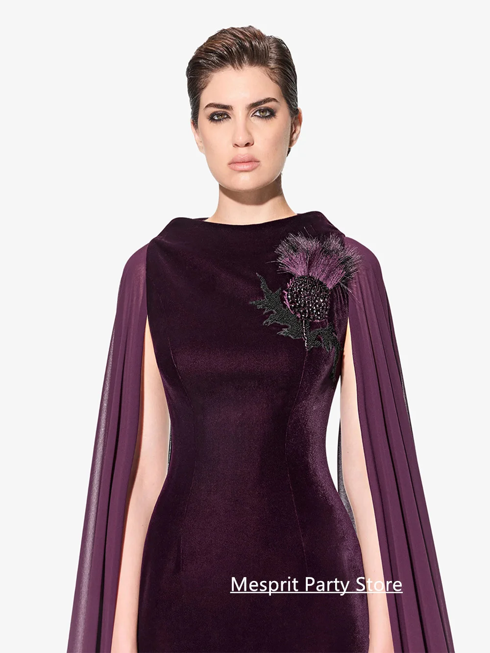 فستان حفلة موسيقية أرجواني ساحر مخصص برقبة سكوب شيفون كيب مطرز بالريش طول الأرض فستان سهرة عربي للحفلات #3