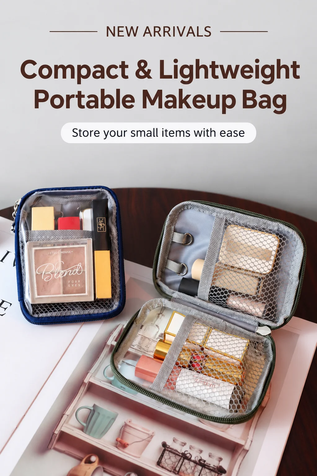 Portable Makeup Pouch Travel Cosmetic Bag with Divided Compartments Small Lipstick & Toiletry Storage Bag for On-the-go Touch-up