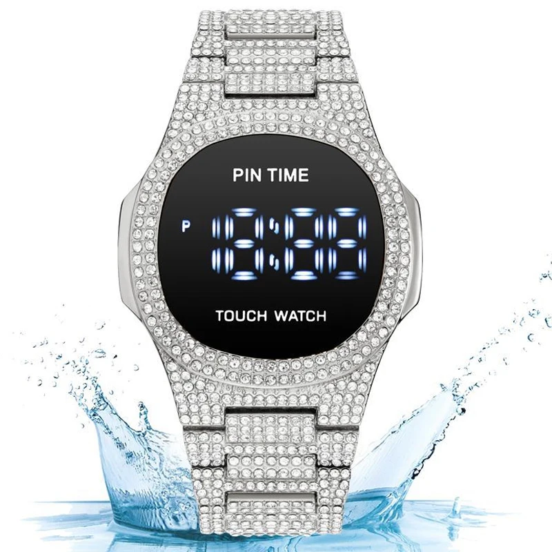 

PINTIME новые часы с полной инкрустацией бриллиантами, электронный дизайн цифрового дисплея, повседневные мужские кварцевые часы высокого класса в деловом стиле