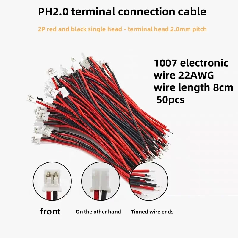 50 Pieces of PH2.0 Terminal Connecting Wires, 1007 Red-Black Wires, 22AWG, 8cm in Length