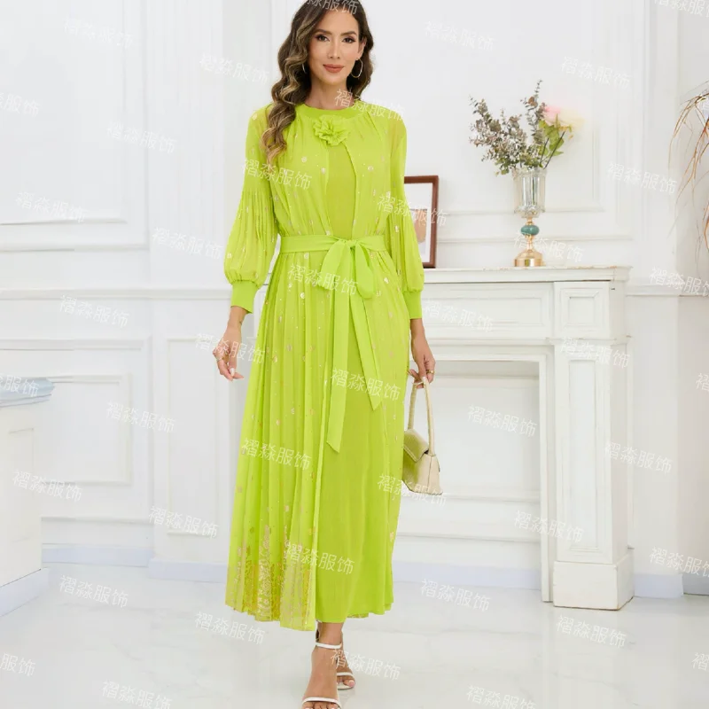 Новинка 2025 года, искусственные двухсекционные рукава-фонарики, плиссированные, горячее тиснение, с принтом, легкие, роскошные и высококачественные, женские элегантные вечерние платья