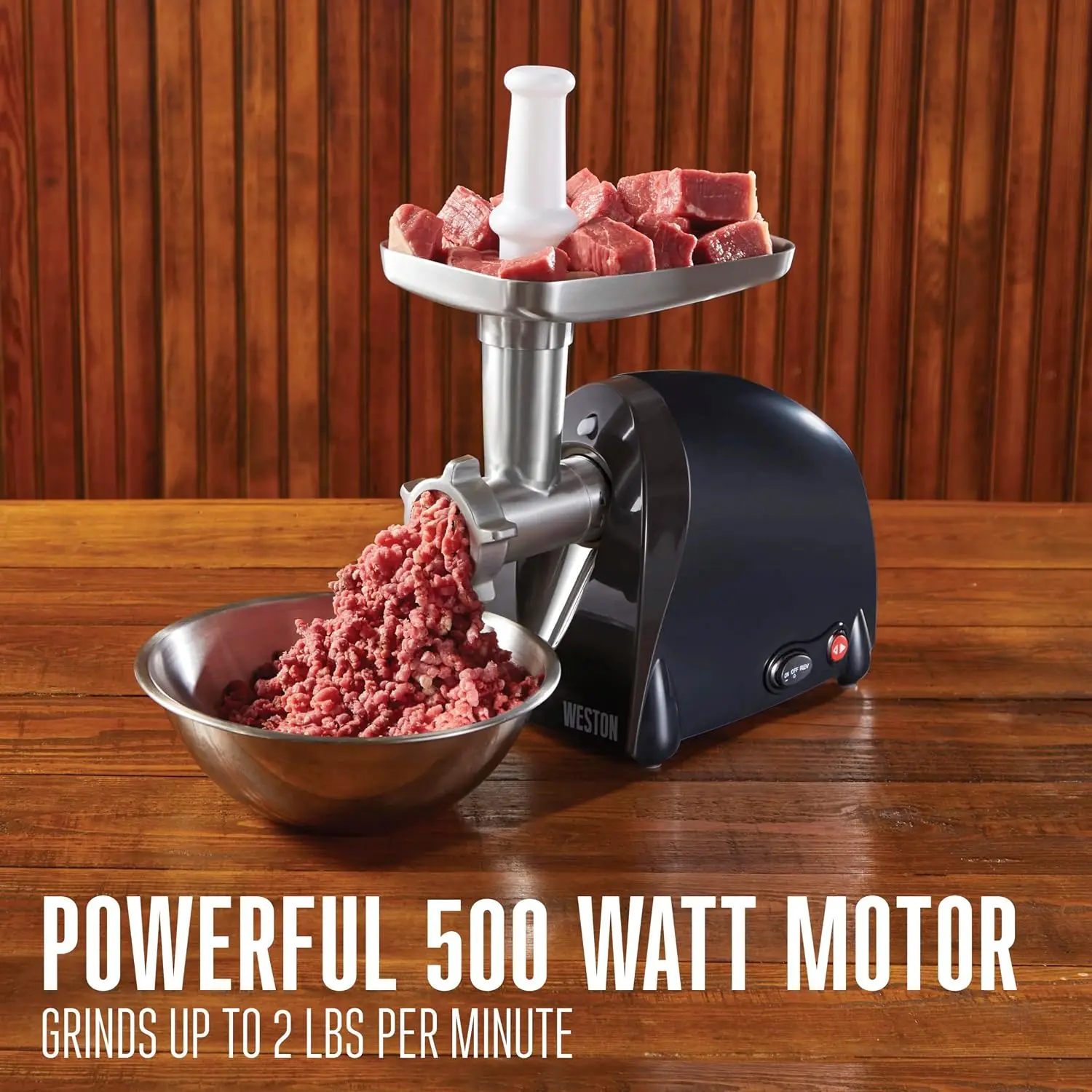 Sausage Stuffer and Electric Meat Grinder, No. 5, 500 Watt, 5/8 HP Motor, 2 lbs Per Minute Grinding Capacity, Stainless Steel Grinding Plates Included, Black