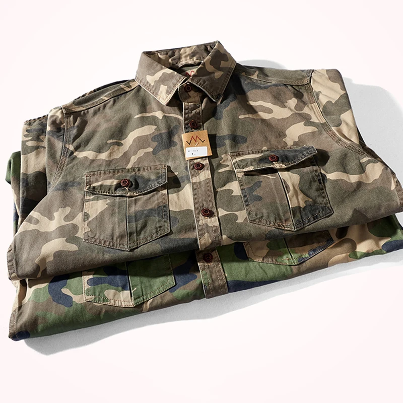 Military Style Camouflage Shirt Men Spring Fall New Fashion Multi Pocket Cargo Blouse Vintage Casual Loose Versatile Cotton Tops