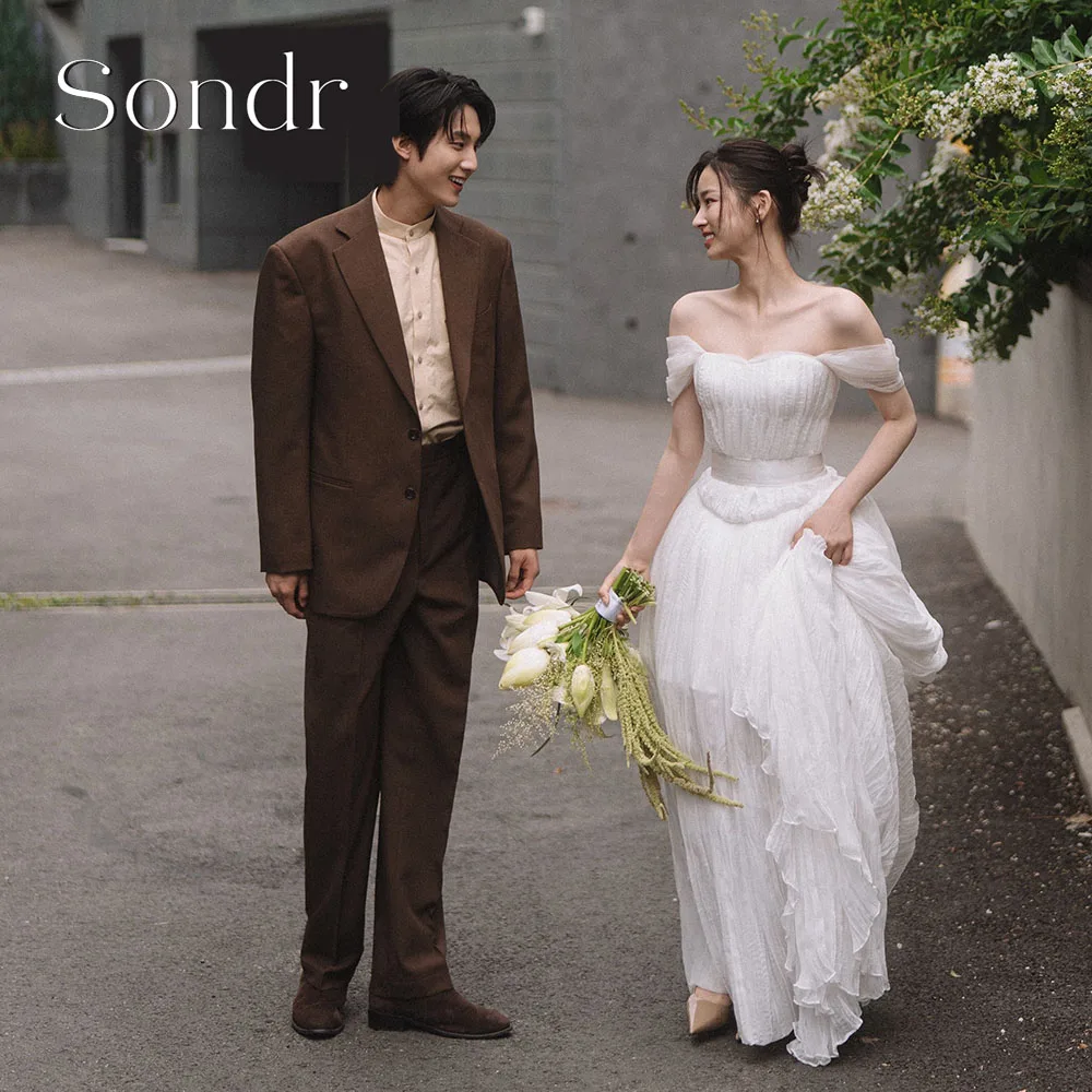 Sondr Customized Korean Wedding Snap Dresses A Line Off the Shoulder Tulle Bridal Photo Shoot Gown Corset Back Evening Dresses