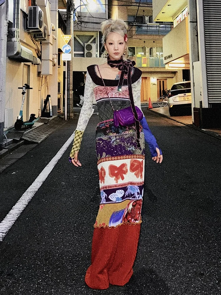 

Дизайнерское платье с принтом и цветовыми блоками, приталенное, с длинным рукавом, с глубоким U-образным вырезом, женское, осенне-зимнее, прямое, длинное, фасона «труба»