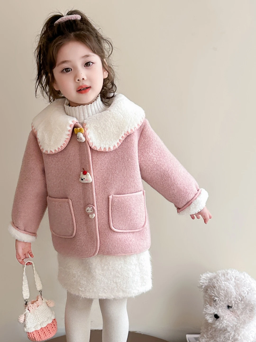 

Thiened Woolen Coat for Girls with ell Lace Design Warmth Inner Fce Autumn Winter New Arrival Korean Sle Children Cl...