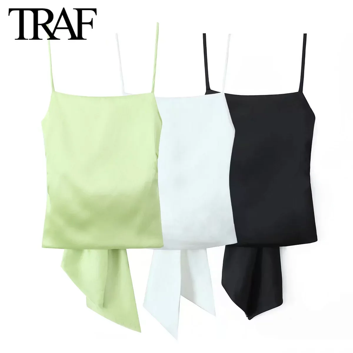 TRAF Women Fashion Summer New Lace-Up Bow Satin Sleeveless Blouse Street Clothing Vest Tank Chic Ladies Crop Tops Mujer