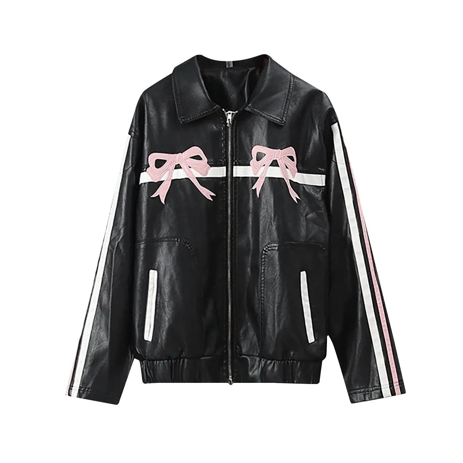 Contrast Hip Hop Spice Girl Pink Bow Motorcycle Leather Jacket Women Fashion Zipper PU Coat Loose Street Fashion Jacket Top