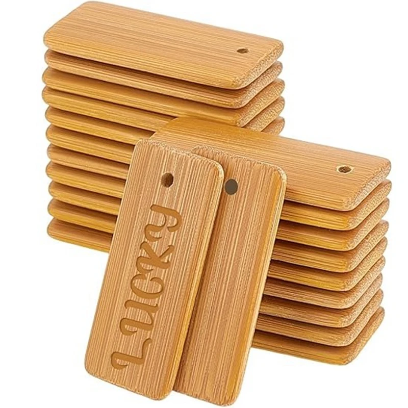 50pcs Wooden Tags Key Ring Blanks Rectangle Engraving Blanks Natural Wood Key Ring Tag for Keychain Wine Bottle