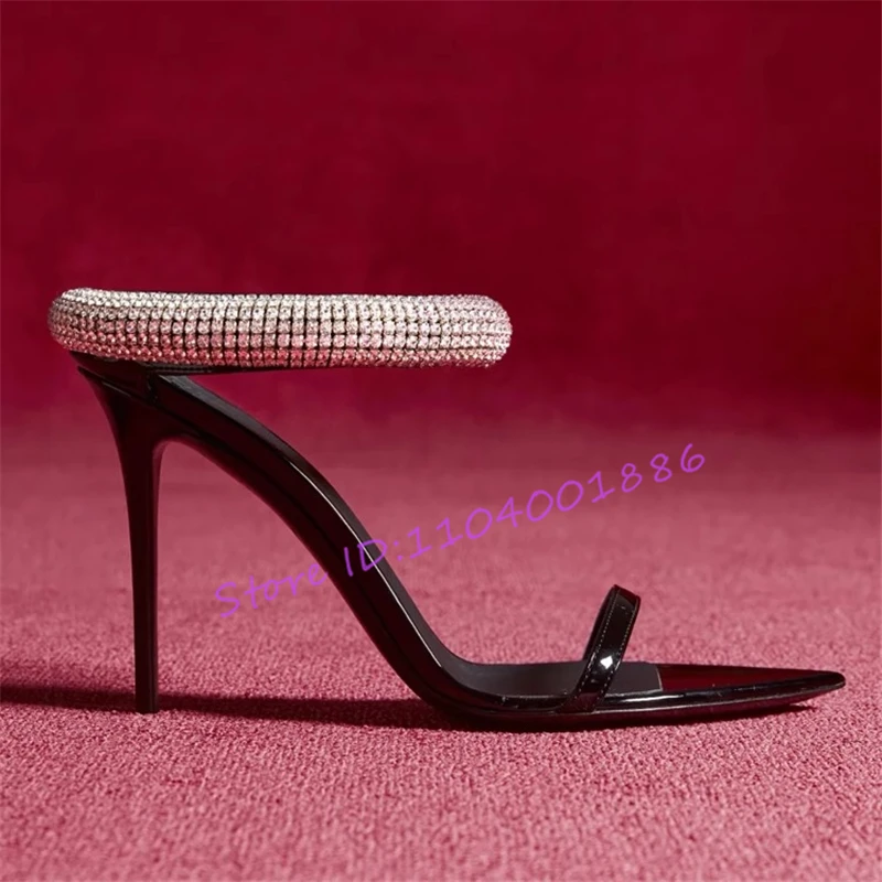 Rhinestone Ankle Strap Stiletto Slippers Luxury Black Patent Leather Pointed Toe Thin High Heels Summer New Elegant Women Shoes