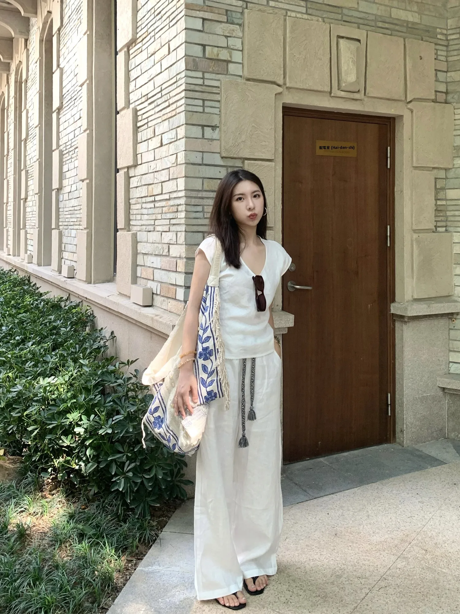 

Ele Simple Linen ort Sve T-irt High Waist Wide Leg Floor Length Pants Faion Set V Ne Pullover Summer Outfit