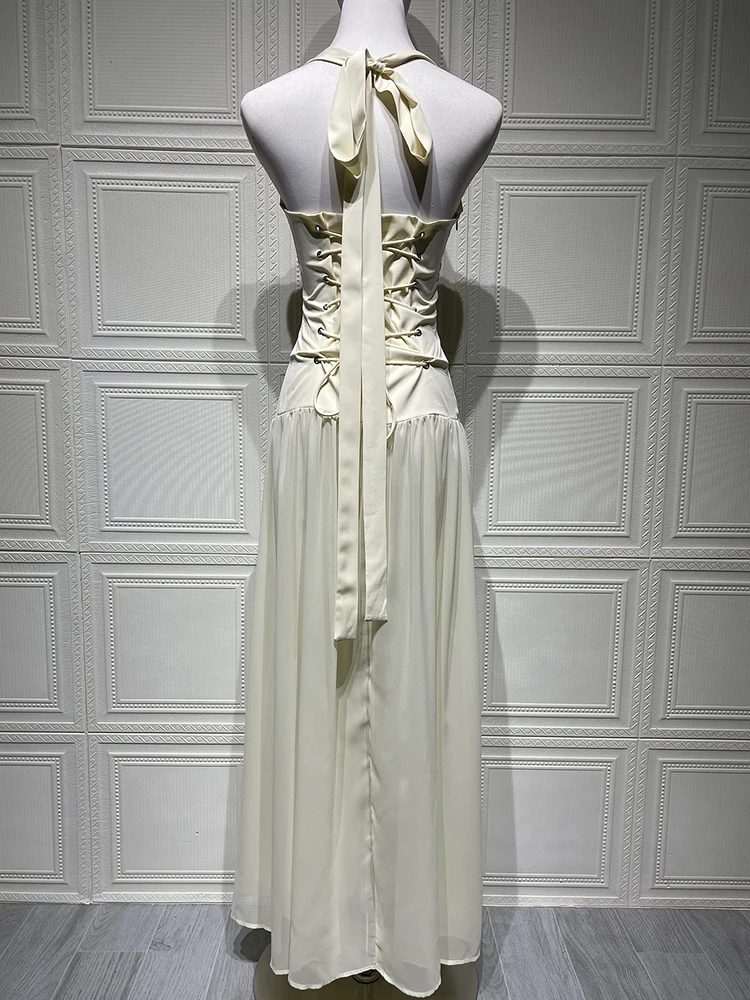 Oniflyme Sheer Patchwork Senza maniche A-line Maxi abito da donna Profondo scollo a V Halter Backless Fasciatura Abiti aderenti Abito sexy di moda