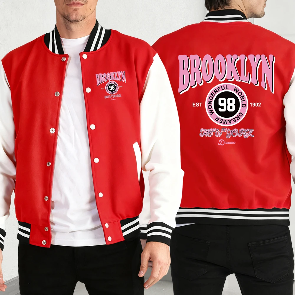 

Pink Brooklyn New York Print Man Baseball Jersey Autumn Winter Streetwears Fashion Oversized Jacket Street Comfy Clothing
