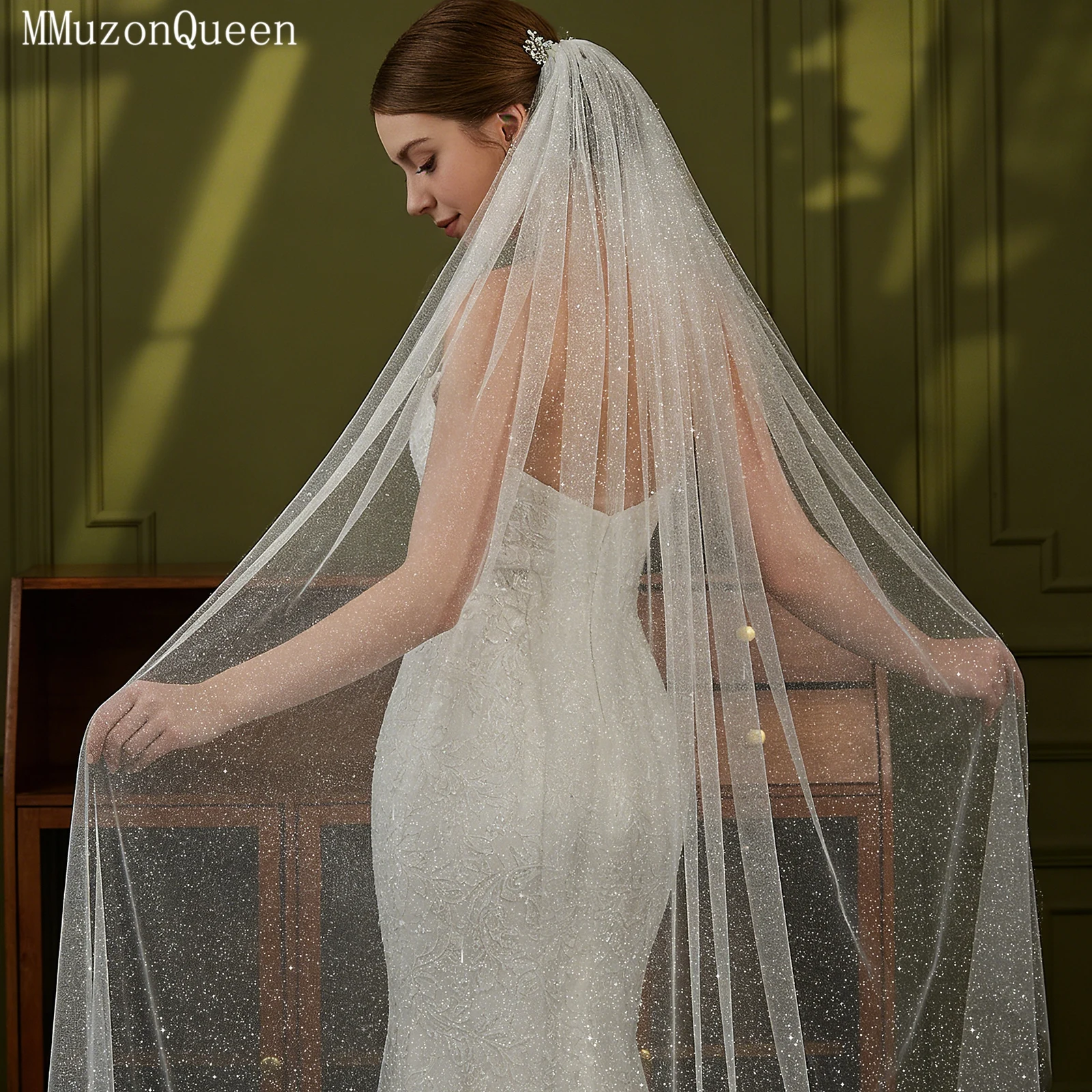 

TOPQUEEN Роскошная свадебная фата с блестками, цвета шампань, с пайетками, королевская, на заказ, V101
