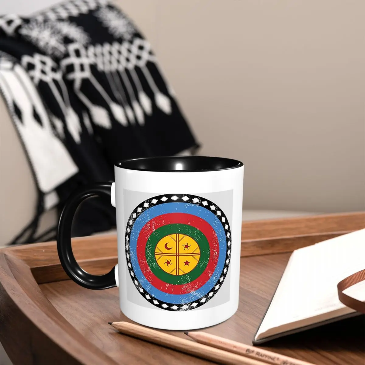 Taza con gráfico del símbolo Mapuche, tazas de café de cerámica divertidas, tazas de té, taza de leche, regalos para mujer y hombre