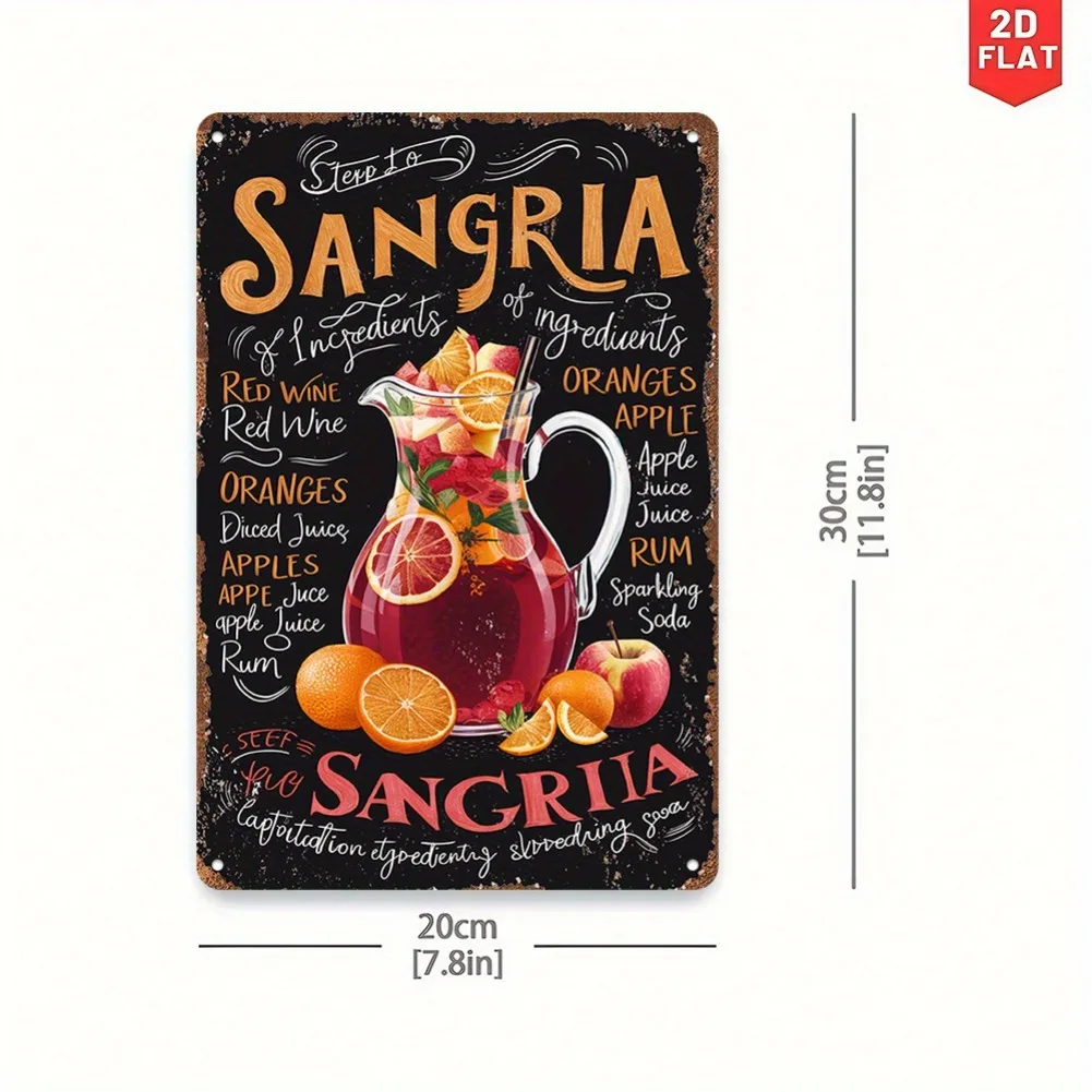 لافتة فنية جدارية معدنية مسطحة ثنائية الأبعاد، قطعة واحدة من وصفة سانجريا العتيقة - ديكور مطبخ ريفي مع توضيح المكونات، ديكور المنزل والبار