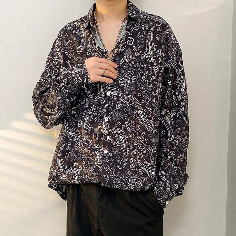 Bandana Print Shirt Men Polyester Casual Shirt Man Turn Collar Spring Summer Top Clothing Oversize Hip Hop Punk Clothing 2023