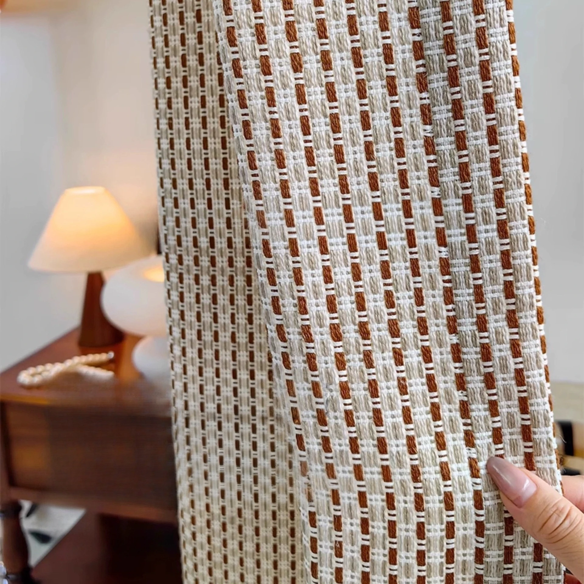 

Italian Mid-century Coffee-colored Vertical Striped Jacquard Blackout Curtains for Bedroom Living Room Study Niche Leisure