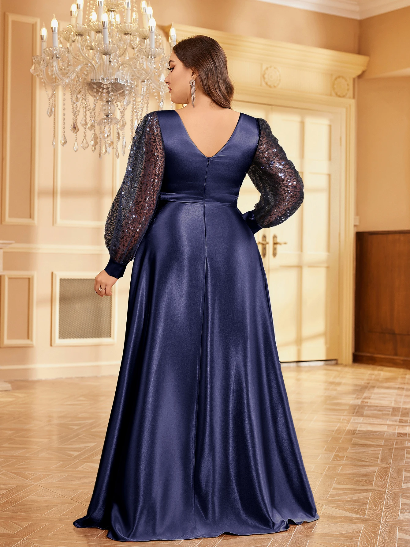 XUIBOL Luxurious Sequin Satin Evening Gown, Party Long Sleeve Plus Size V-neck Dress