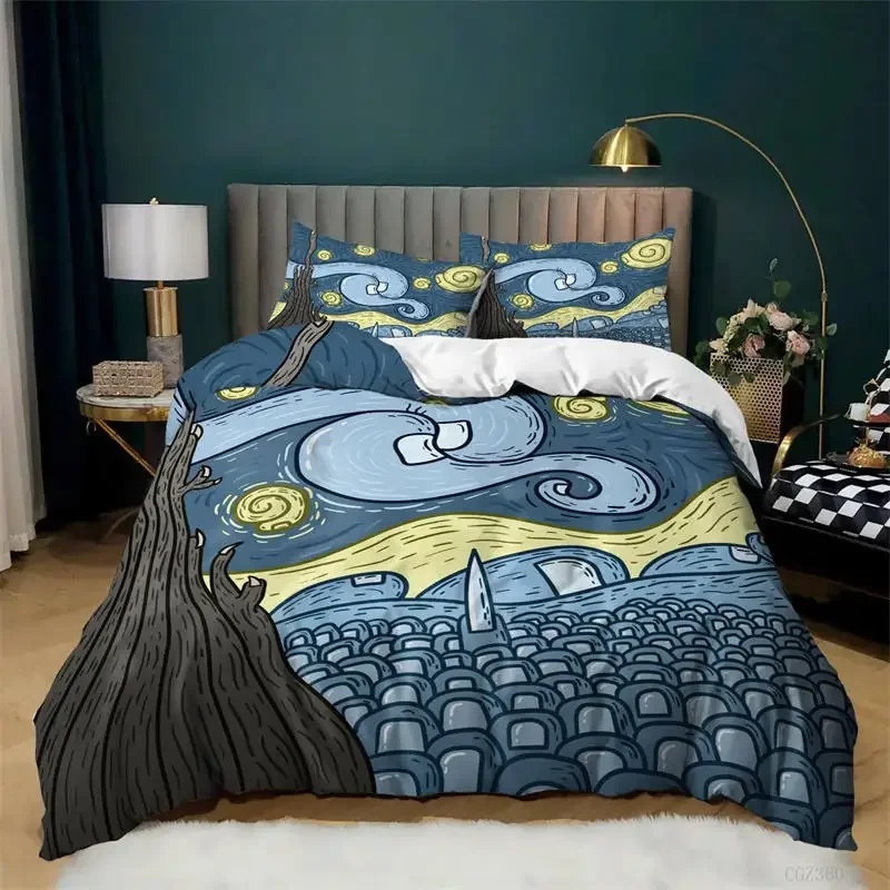 Oil Painting Van Gogh Duvet Cover Starry Sky Night Bedding Set Microfiber 3D Comforter Cover King Full Gifts For Girls Boys Teen