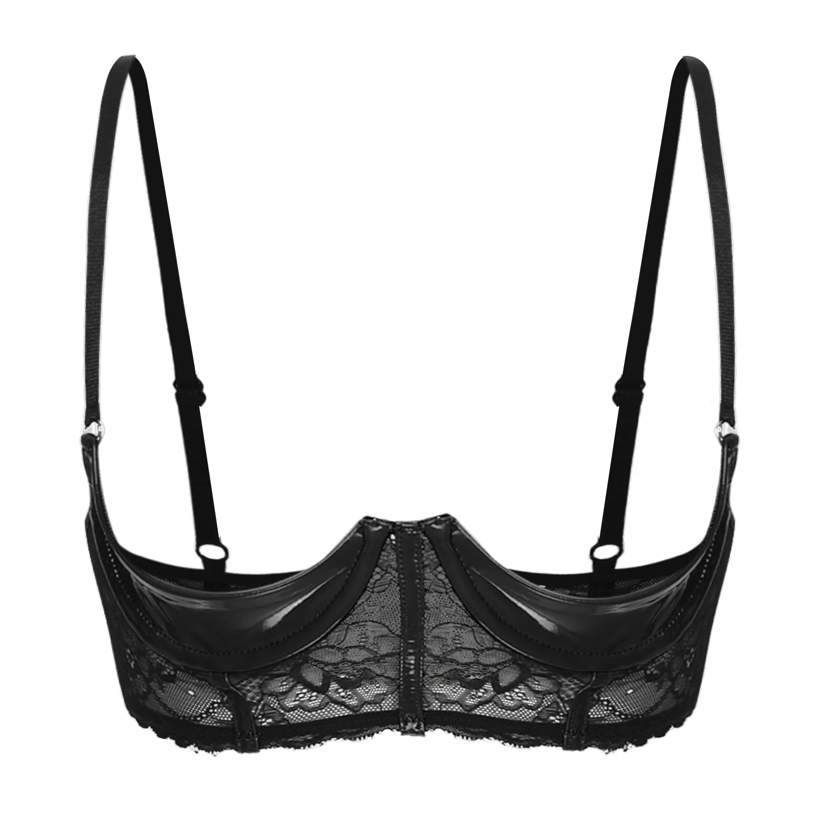 Soutien-gorge en dentelle transparente pour femmes, lingerie en cuir verni, bretelles réglables, sexy, 1/4