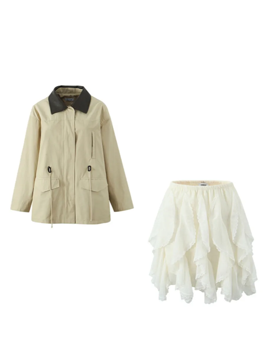 

Sweet Cool Spicy Retro Casual Color Blo Leather Collar Coat Versatile Irregular Lace Cake Skirt Faion Set Women...