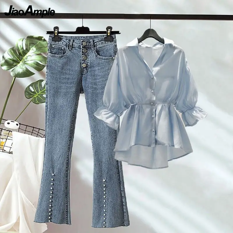 2023 Summer New Chiffon Shirt Jeans Two Piece Korean Women's Elegant Short Sleeve Cardigan High Waist Sexy Denim Trousers Suit