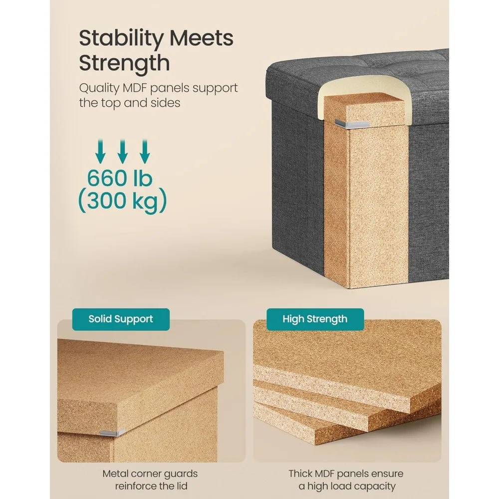 مجموعة SONGMICS MAZIE - مقعد عثماني للتخزين قابل للطي مقاس 43 بوصة، مسند قدم عثماني، نهاية مقعد السرير، صندوق تخزين، تحميل 66