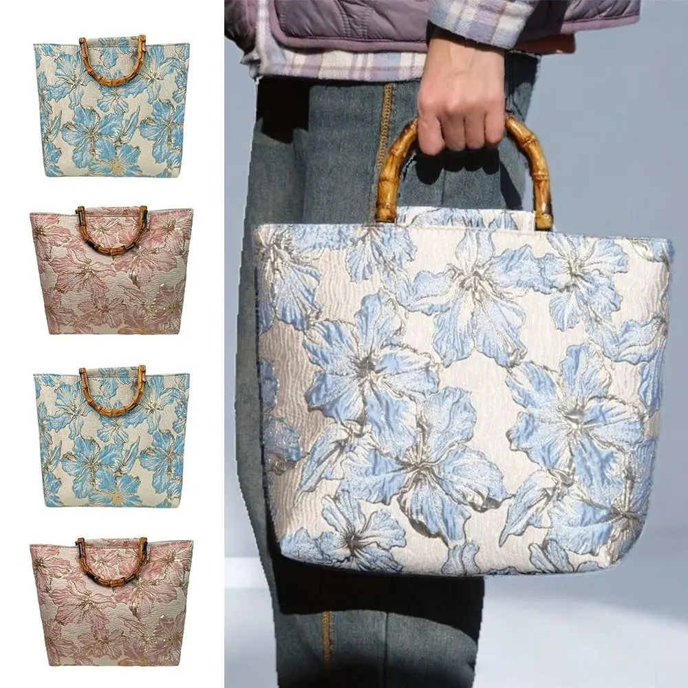 Bamboo Handle Hanfu Tote Bag Vintage Floral Large Capacity Bamboo Jacquard Bag Retro Style National Style Chinese Style Tote