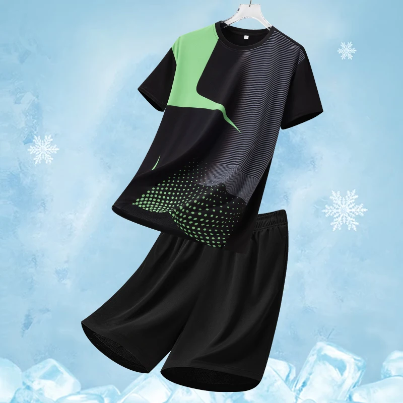 Men's Outdoor Sports Running Fitness Leisure Loose and Comfortable Set Summer Fashion and Leisure Sweat Absorbing Ice Silk Set