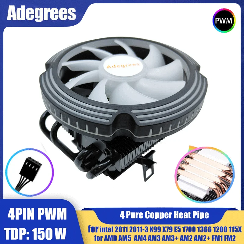 4 Heat Pipes CPU Cooler 120MM Black 4PIN PWM PC Processors Radiator for Intel LGA 1700 2011 1200 1150 1151 X99 AM3 AM4 AM5 Venti