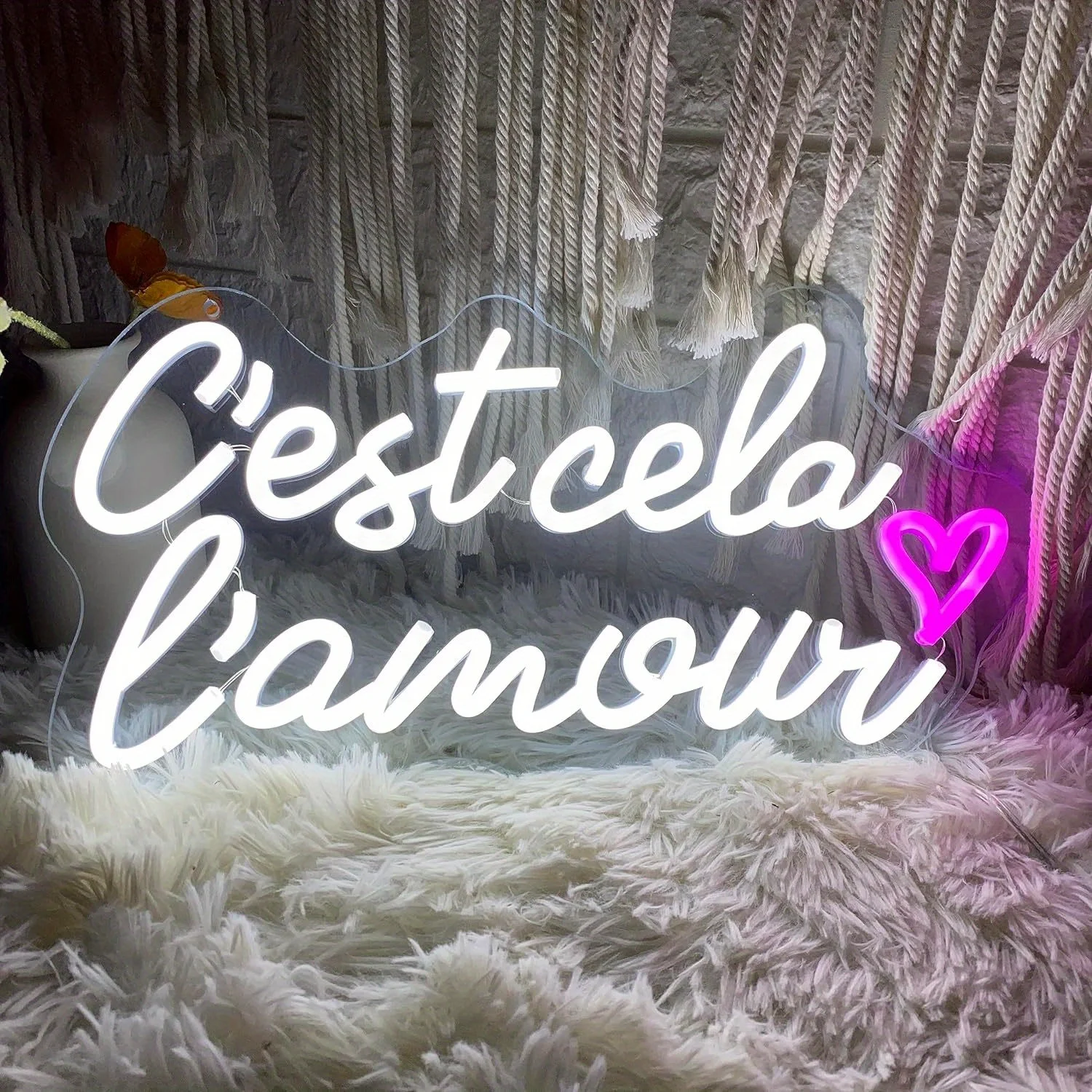Cest Cela Lamour French LED Neon Sign Pink Heart Romantic Wall Art USB Powered Anniversary Bedroom Decor Couple Gift