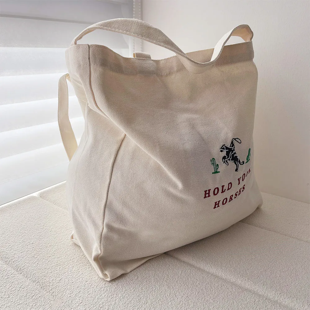 Hold Your Horses Western Embroidered Printing Canvas Shopping Bags American Retro Style Women Fashion Reusable Handbag Tote Bag