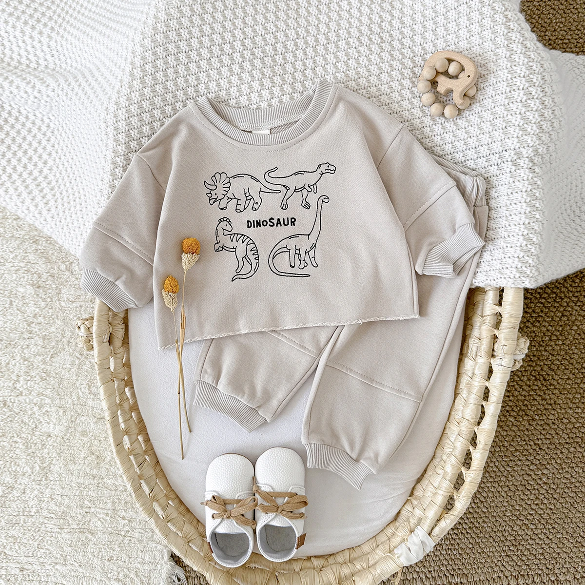 Unisex Baby 2Pcs Dinosaur Outfit, Cartoon Dino Print Sweatshirt + Cuffed Jogger Pants, Toddler Boys Girls Autumn Tracksuit Set